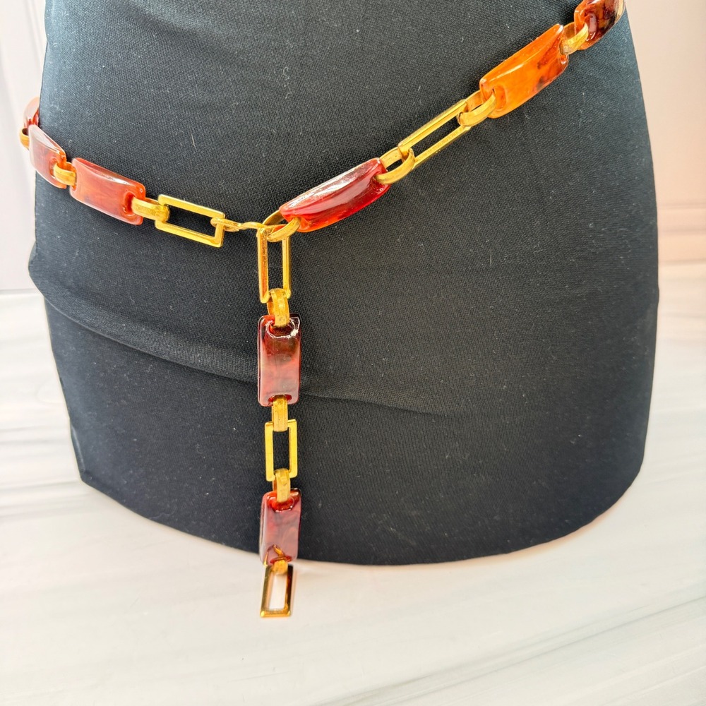 Vintage Tortoise Resin Chain Belt Gold Tone Hook Closure 36 Inch Adjustable